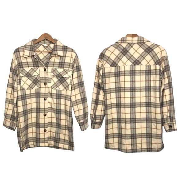 Hem & Thread Plaid Shacket Tan and Gray Wool Blend Women's Size Medium - Picture 3 of 8